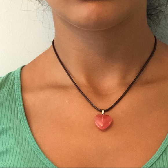 Hand Crafted Accessories - Heart Shaped Necklace in Natural Stone Peach Color  with Black Cord
